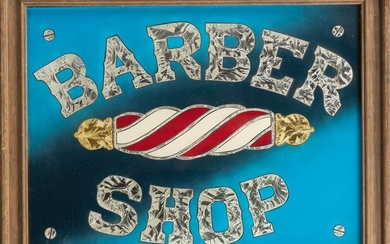 Custom framed hanging Barber Shop Sign, silver and gold reverse painted on glass, very impressive