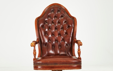 DESK CHAIR, English style, second half of the 20th century, deep stitched leather upholstery, pearl nailed decor.