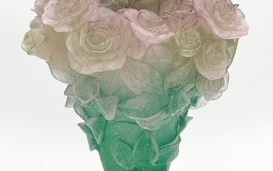 Daum Roses Pate-de-Verre Glass Vase
