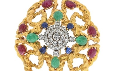 David Webb Platinum & 18K Yellow Gold Multigem Emerald Ruby And Diamond Brooch