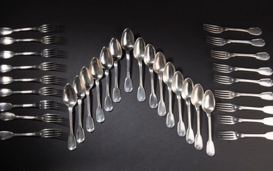 Eighteen silver cutlery in net design, the back of the...