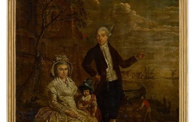 Dutch School, 18th Century Group portrait of a wine merchant and his family at a port