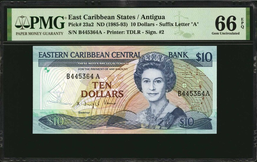 EAST CARIBBEAN STATES. Eastern Caribbean Central Bank. 10 Dollars, ND (1985-93). P-23a2. PMG Gem Uncirculated 66 EPQ.