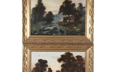 ÉCOLE FRANCAISE du XIXè. « Paire de paysages lacustres ». 2 huiles sur toile en...