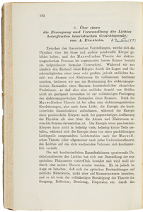 EINSTEIN, Albert, (1879-1955). ‘Über einen die Erzeugung und Verwandlung des Lichtes betreffenden heuristischen Gesichtspunkt,’ in: Annalen der Physik, 4. Folge, Band 17, no. 6, 132-148 pp. Leipzig: Johann Ambrosius Barth, 1905.