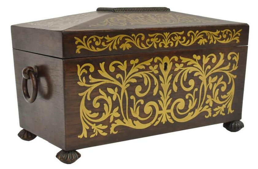 ENGLISH BRASS INLAID ROSEWOOD FITTED TEA CADDY