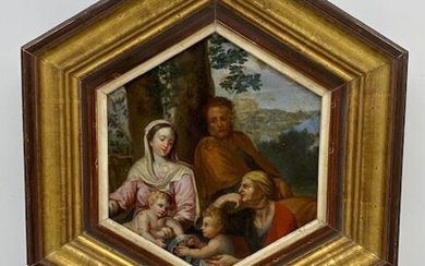Ecole française, XVIIIe siècle : La Sainte Famille Huile sur panneau hexagonale, 22 x 20cm...