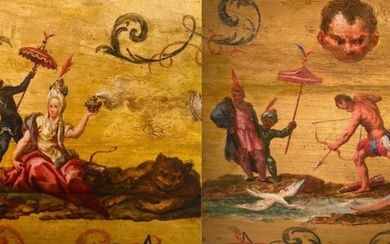 Ecole italienne du XVIIIe siècle - Paire de tableaux - allégories de l'Afrique et de l'Amérique