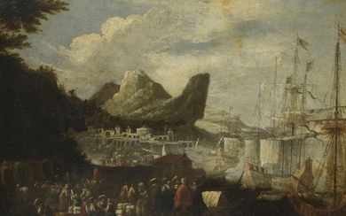 École napolitaine circa 1680. Marchands dans un port méditerranéen Paire de toiles 80 x 103...