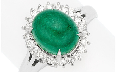 Emerald, Diamond, Platinum Ring Stones: Emerald cabochon weighing 3.56...