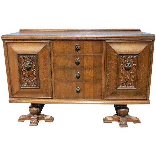 English Relief Carved Tudor Style Sideboard Buffet With