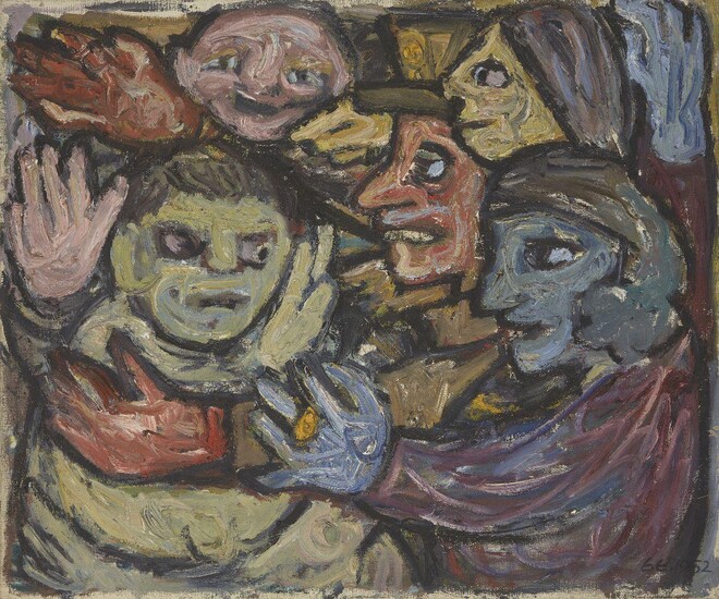 Ernst Eisenmayer, Austrian/British 1920¬®2018 - Five Faces, 1952; oil on canvas, signed with initials and dated lower right 'E E 1952', 63.5 x 76.3 cm