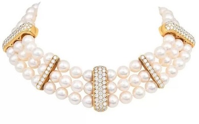Estate 14.24cts Diamond Pearl 18K 3-Strand Choker Necklace