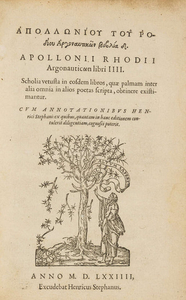 Estienne.- Apollonius Rhodius. Argonauticon libri IIII, edited by Henri Estienne, Geneva, Henri Estienne, 1574.