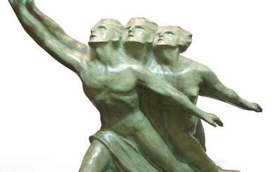 Eugene Canneel (1882-1966), Monumental 'Harmony' sculpture, circa 1930, Green patinated bronze, Verso signed in the maquette 'Eug. Canneel' and marked 'Fonderie Batrady, Bruxelles' [sic], 76cm high, 90cm wide.