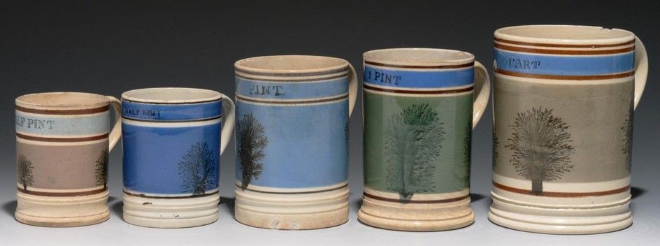 FIVE LLANELLY AND OTHER MOCHA WARE MUGS, 19TH C quart, pin...