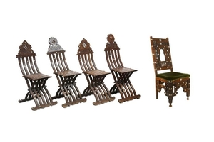 FOUR FOLDING CHAIRS AND ONE BACKREST CHAIR Egypt or