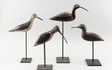 FOUR REPRODUCTION SHOREBIRD DECOYS Makers unknown. Lengths from 9" to 12".