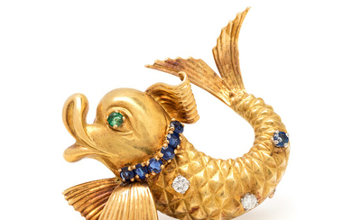 FRENCH, YELLOW GOLD, DIAMOND, SAPPHIRE AND EMERALD FISH BROOCH