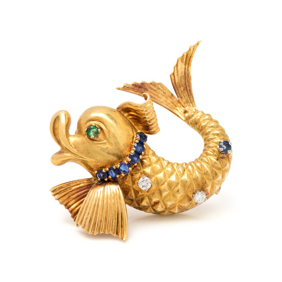 FRENCH, YELLOW GOLD, DIAMOND, SAPPHIRE AND EMERALD FISH BROOCH