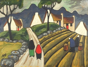 Figures and buildings before mountains, Irish school gouache...
