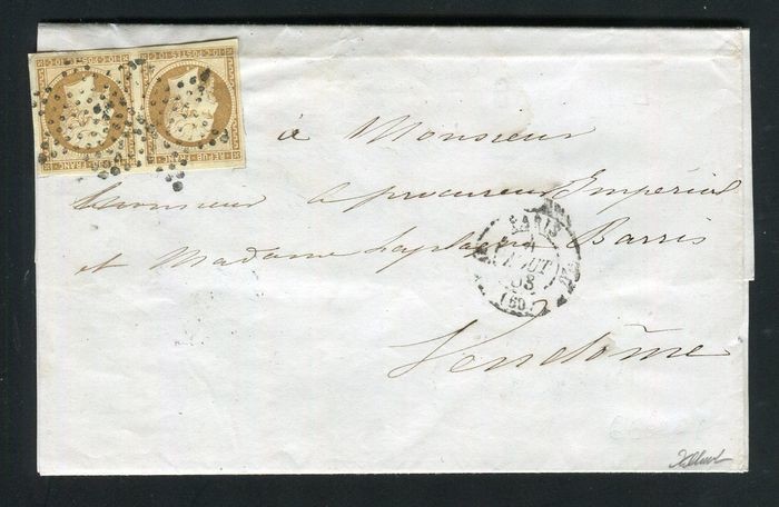 France 1853 - Rare letter from Paris bound for Vendôme with a pair of No. 9 stamps