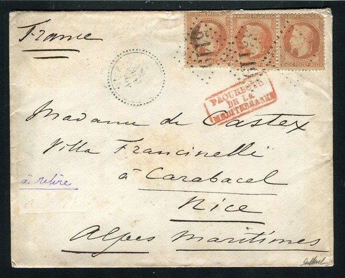 France - Rare letter from Cairo with a strip of three No. 31 stamps - “GC 5119” postmark
