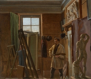 Frederik Christian LUND Copenhague, 1826 - Frederiksberg, 1901 Intérieur d'atelier avec deux peintres au travail