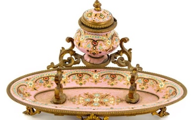 French Dore Pink Jeweled Enamel Bronze Pen Rest Inkwell
