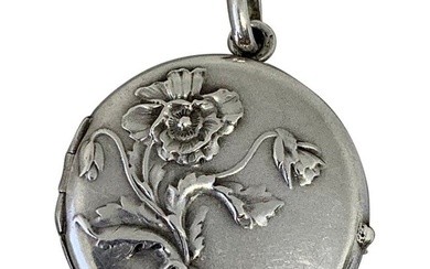 French Locket Art Nouveau Sterling Silver Poppy Flower Pendant Necklace
