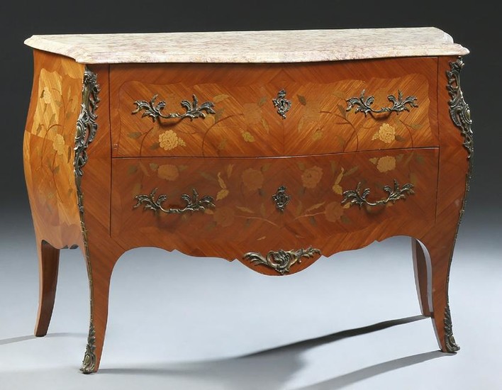 French Louis XV Style Marble Top Marquetry Inlaid