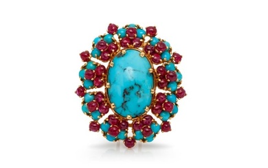 French Ruby Turquoise Brooch