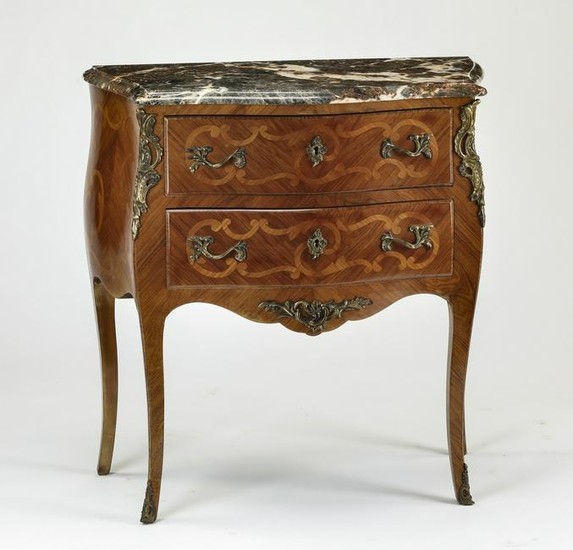 French marquetry inlaid marble top commode