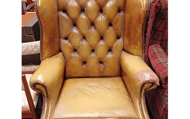 GREEN LEATHER BUTTONED WINGBACK ARMCHAIR ON SQUARE MAHOGANY ...
