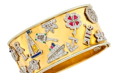 Gold, Platinum, Diamond and Gem-Set Charm Cuff Bangle Bracelet