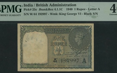 Government of India, 1 Rupee, 1940, serial number W/44 192997, letter A, black serial number, (...