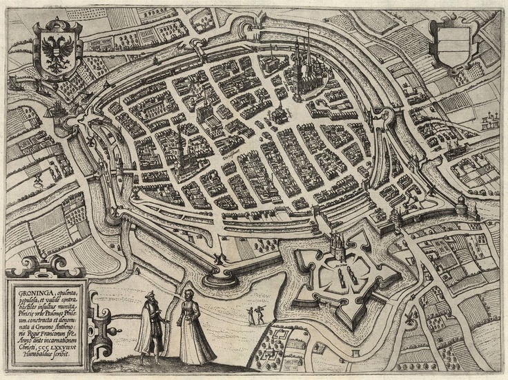 [Groningue]. "Groninga". Plan à vol d'oiseau gravé, 24x32 cm, de Guiccardini, 1581/ 1582. - Vague...