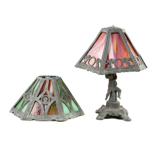 Group of 2 Art Nouveau Cherub Lamp & Slag Glass Shades