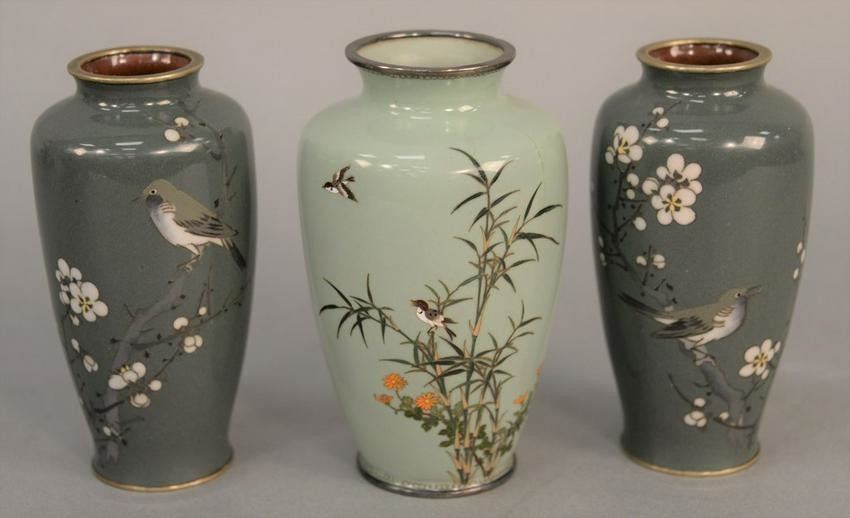 Group of three green cloisonne enamel vases, Japan