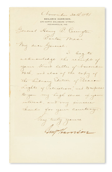 HARRISON, BENJAMIN. Letter Signed, "BenjHarrison," to Henry B. Carrington ("My dear General"), thanking...