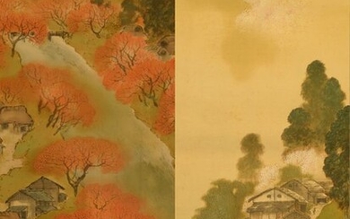 Hanging scroll (2) - Silk and wooden shaft head and wooden box - Aoki Seiko (ca 1880-?) - Beautiful spring and autumn scenery - Signed and sealed Seiko 栖古 - Japan - Early 20th century