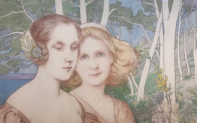 Henri Paul MOTTEZ (1855-?) Two young girls Sanguine...