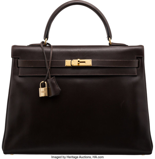 Hermès 35cm Chocolate Calf Box Leather Retourne Kelly Bag...