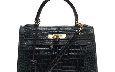 Hermès - Customisation Kelly 28 Crocodile vert sapin & noir à bandoulière , GHW Crossbody bag