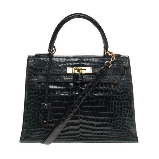 Hermès - Customisation Kelly 28 Crocodile vert sapin & noir à bandoulière , GHW Crossbody bag
