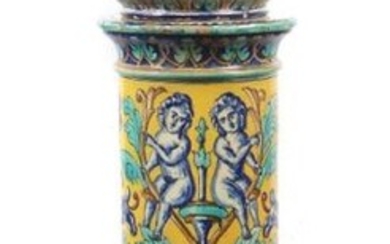 Historicism cachepot with column c. 1880/90, beige shards, polychrome paint with gruff and gruff colours, Renaissance style decoration with vase motif, putti and faces between ornamental palmette tendrils and stylized animal heads in the style of...