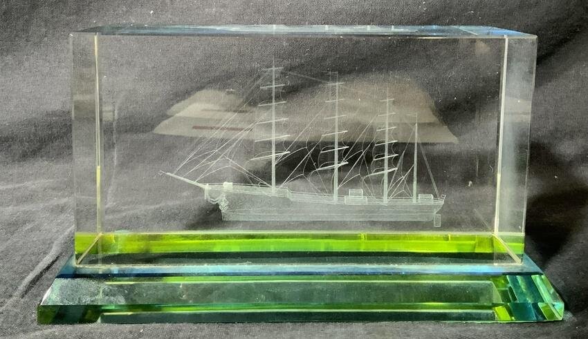 Hologram Three Mast Ship Paperweight