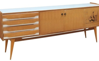 ITALIAN MID-CENTURY MODERN GLASS-TOP SIDEBOARD WITH BAR GRAPHIC