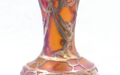 Iridescent silver overlay glass vase