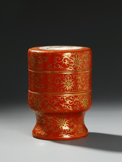 Iron-Red Ground and Gilt-Decorated Tiered Box